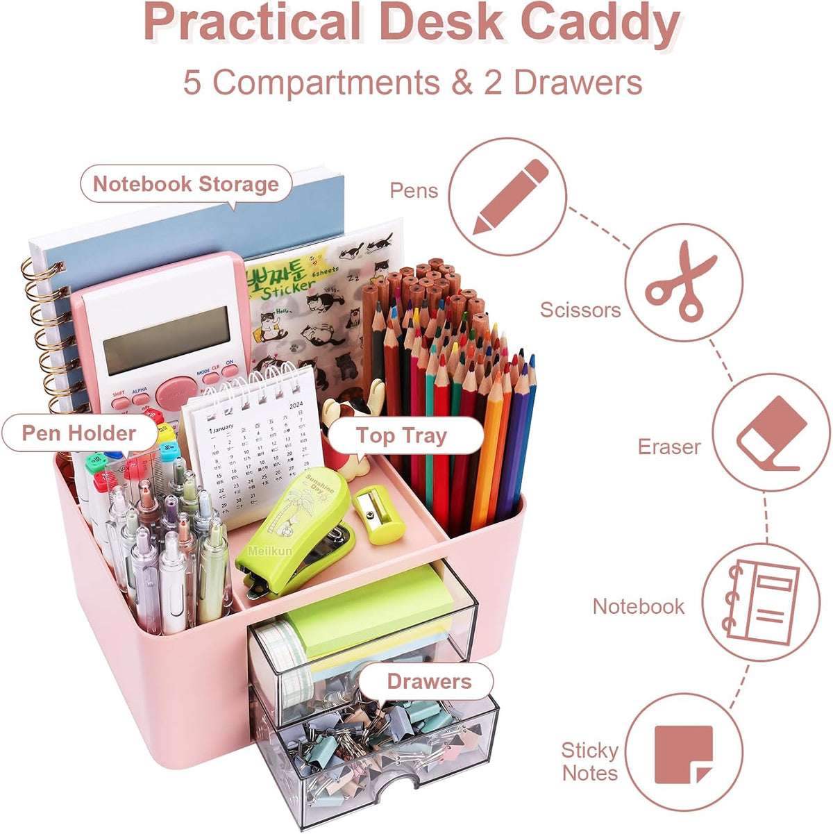 Plastic Pen Organizer, Multifunctional Desk Organizer with 2 Drawers, 4 Compartments & a Top Tray, Pencil Holder Desktop Organizers and Accessories for Office, 7.7" x 5.5" x 3.9" (Pink)