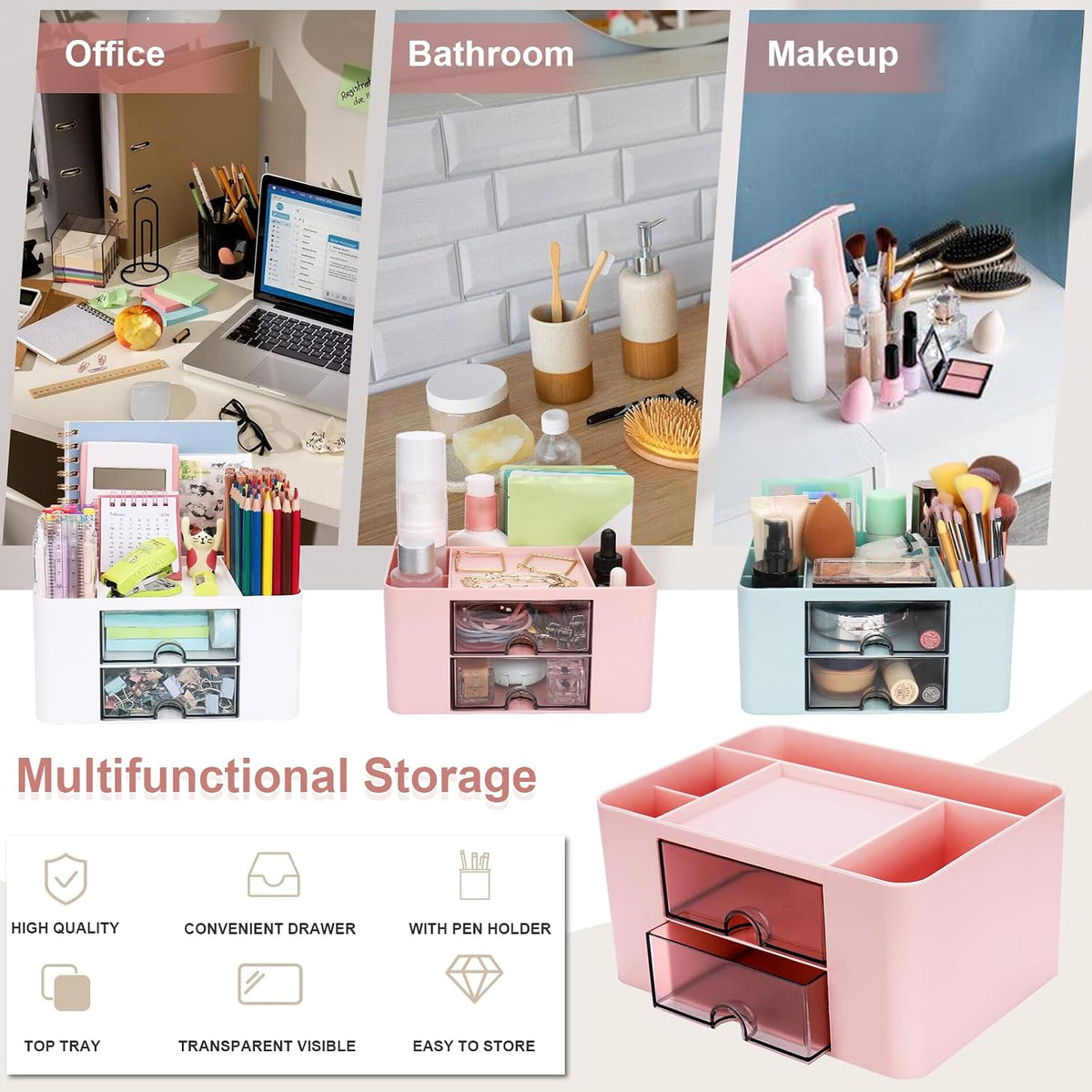 Plastic Pen Organizer, Multifunctional Desk Organizer with 2 Drawers, 4 Compartments & a Top Tray, Pencil Holder Desktop Organizers and Accessories for Office, 7.7" x 5.5" x 3.9" (Pink)