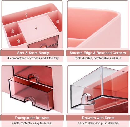 Plastic Pen Organizer, Multifunctional Desk Organizer with 2 Drawers, 4 Compartments & a Top Tray, Pencil Holder Desktop Organizers and Accessories for Office, 7.7" x 5.5" x 3.9" (Pink)