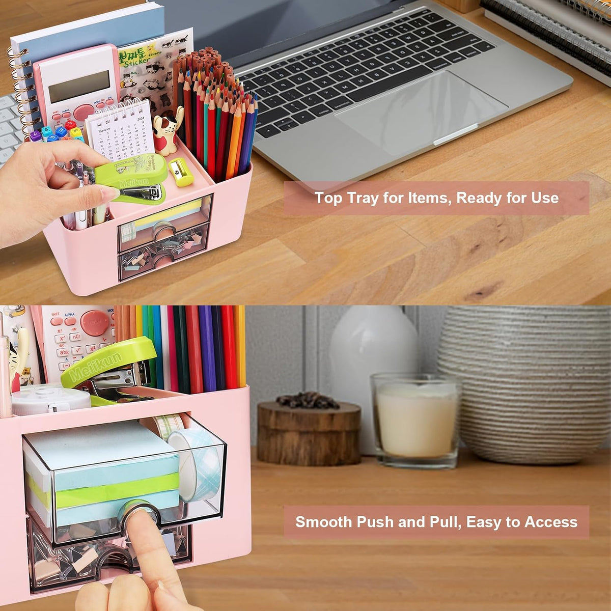 Plastic Pen Organizer, Multifunctional Desk Organizer with 2 Drawers, 4 Compartments & a Top Tray, Pencil Holder Desktop Organizers and Accessories for Office, 7.7" x 5.5" x 3.9" (Pink)
