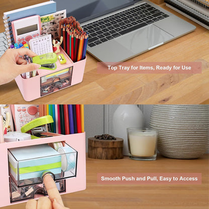 Plastic Pen Organizer, Multifunctional Desk Organizer with 2 Drawers, 4 Compartments & a Top Tray, Pencil Holder Desktop Organizers and Accessories for Office, 7.7" x 5.5" x 3.9" (Pink)
