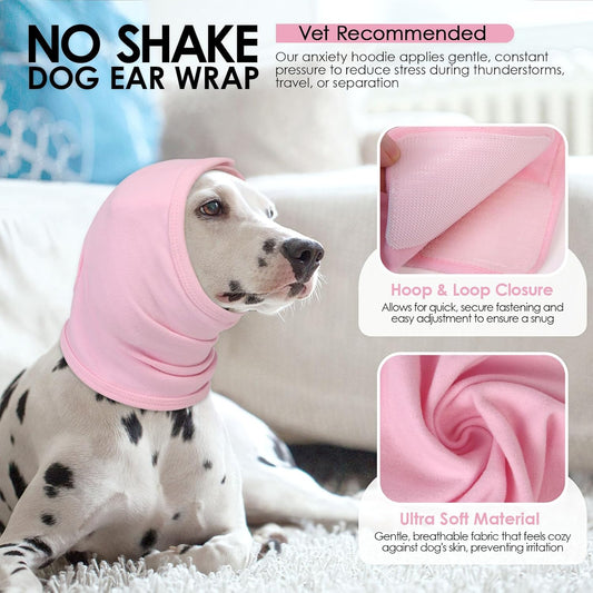 Dog Calming Hoodie, Anti-Slip Headband for Dog Hematoma, Adjustable Dog Ear Muffs Cover for Noise Anxiety, Dog No Shake Ear Wrap for Grooming, Fireworks, Thunderstorms, Drying, Pink L