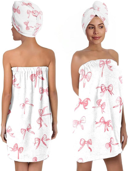 Pink Bow Bath Wrap Set with Hair Turban, Absorbent Microfiber Spa Towel Wrap, Towel Robe for Women