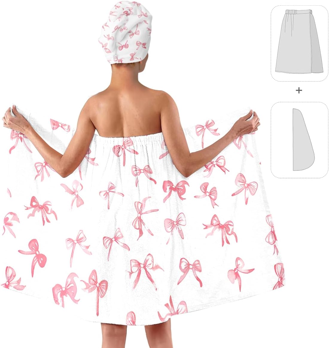 Pink Bow Bath Wrap Set with Hair Turban, Absorbent Microfiber Spa Towel Wrap, Towel Robe for Women