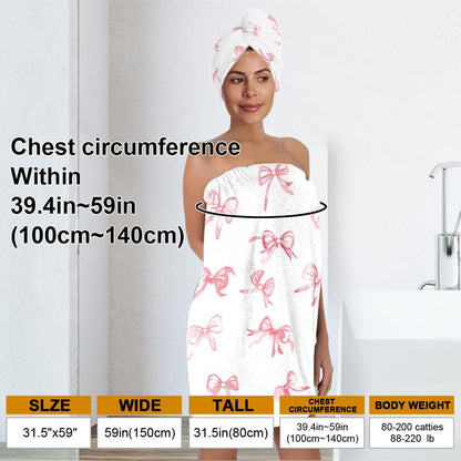 Pink Bow Bath Wrap Set with Hair Turban, Absorbent Microfiber Spa Towel Wrap, Towel Robe for Women