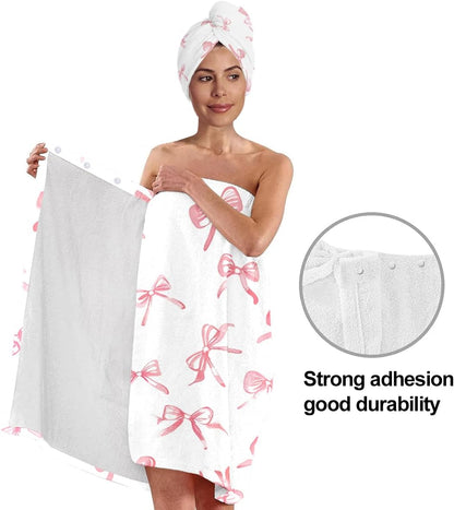 Pink Bow Bath Wrap Set with Hair Turban, Absorbent Microfiber Spa Towel Wrap, Towel Robe for Women