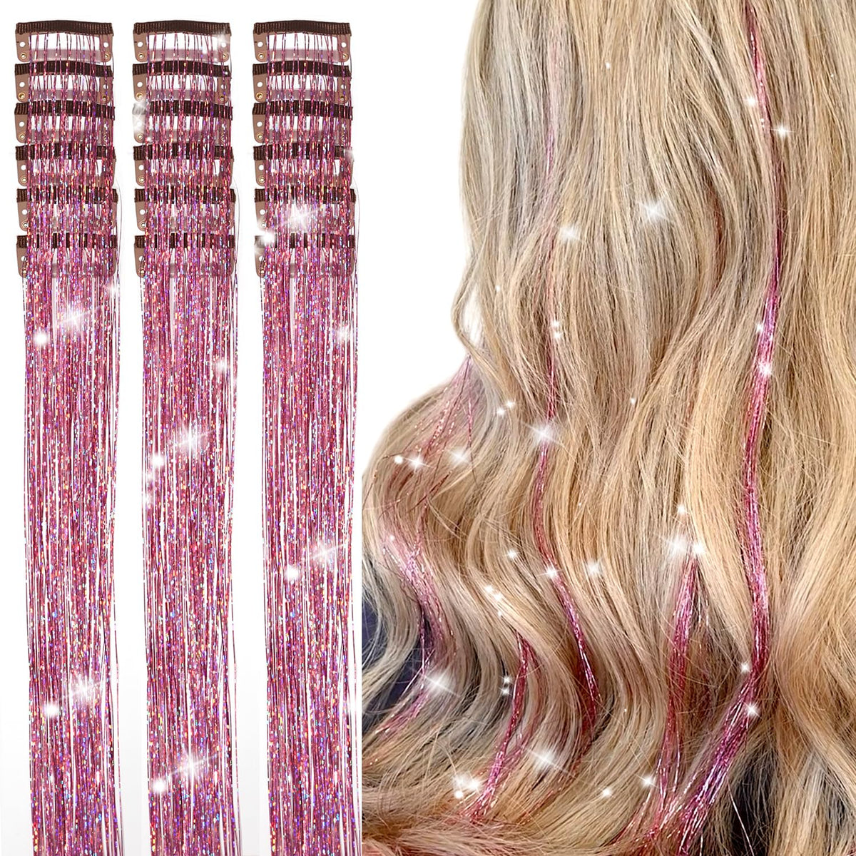 18Pcs Hair Tinsel Clip in, Tinsel Hair Extensions, Pink Hair Tinsel Clips