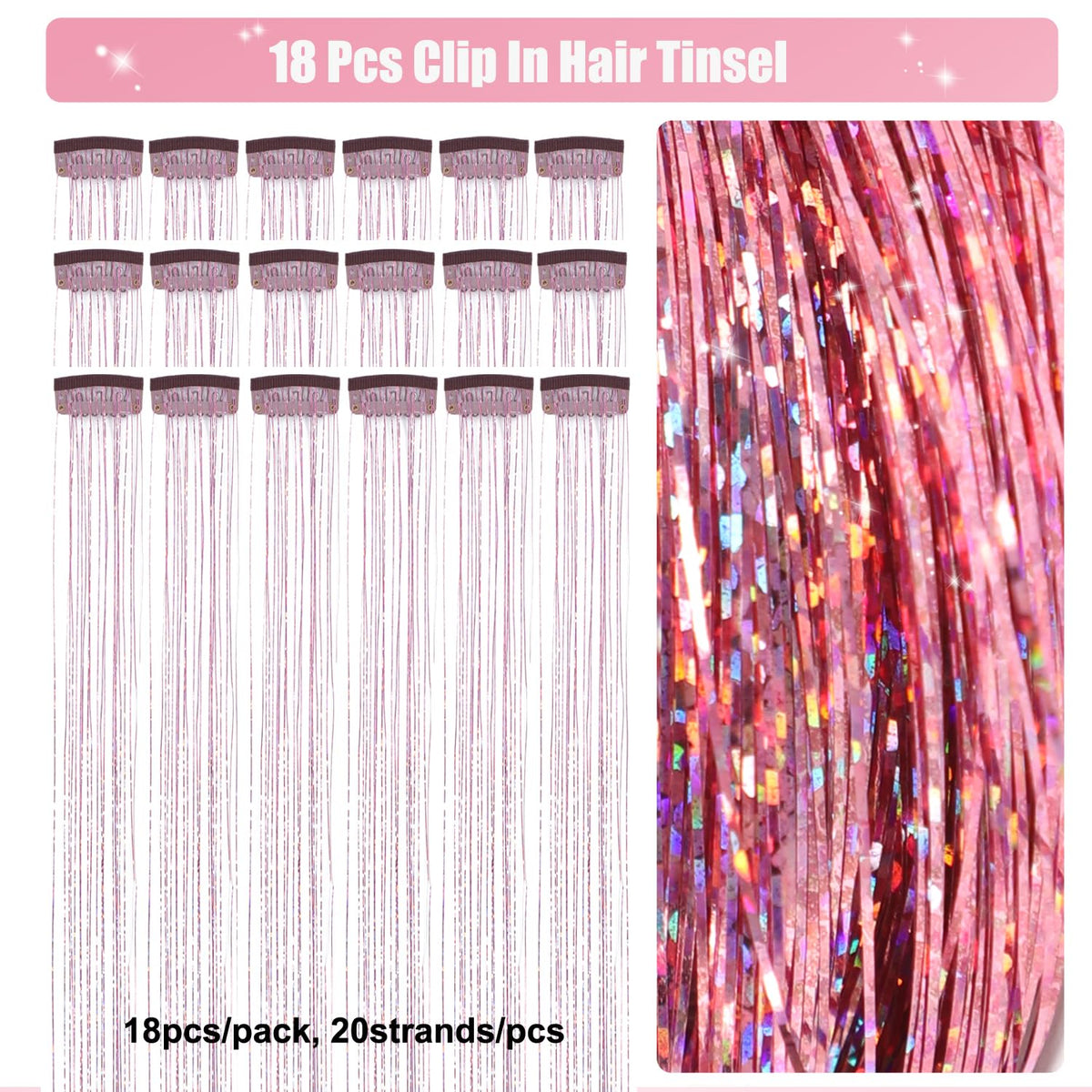 18Pcs Hair Tinsel Clip in, Tinsel Hair Extensions, Pink Hair Tinsel Clips