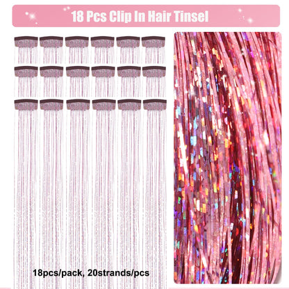 18Pcs Hair Tinsel Clip in, Tinsel Hair Extensions, Pink Hair Tinsel Clips