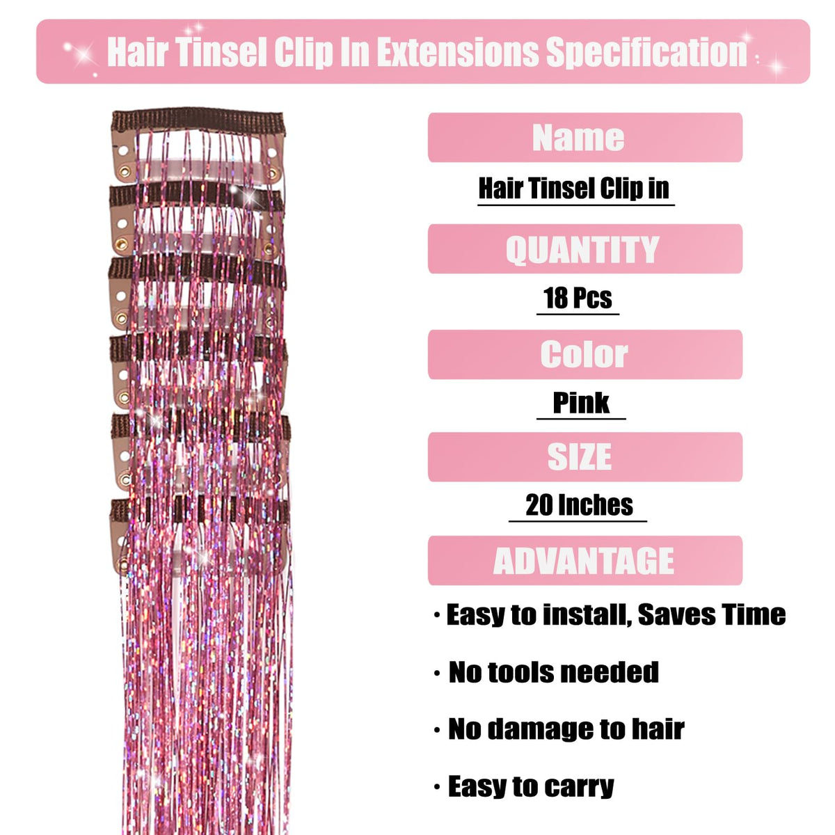 18Pcs Hair Tinsel Clip in, Tinsel Hair Extensions, Pink Hair Tinsel Clips