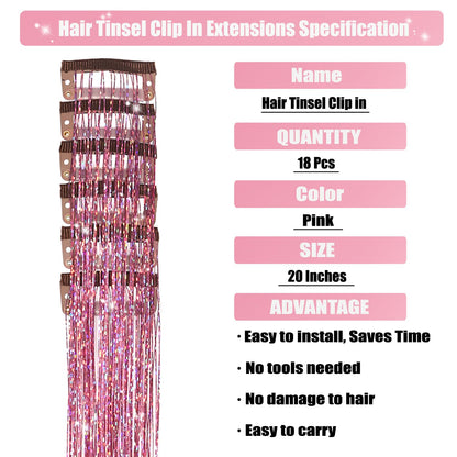 18Pcs Hair Tinsel Clip in, Tinsel Hair Extensions, Pink Hair Tinsel Clips