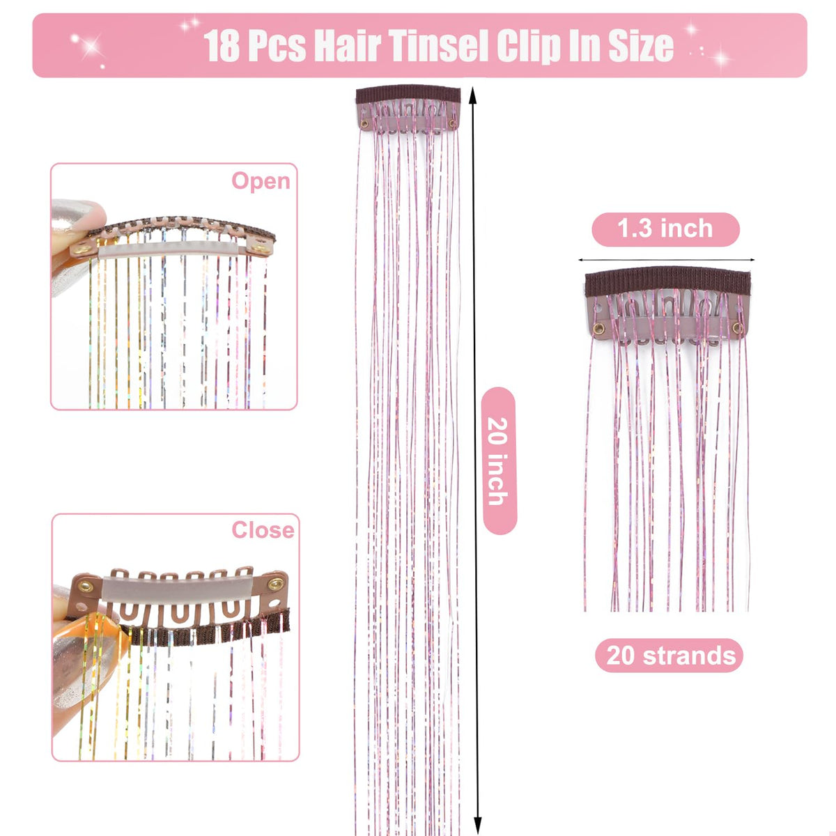18Pcs Hair Tinsel Clip in, Tinsel Hair Extensions, Pink Hair Tinsel Clips