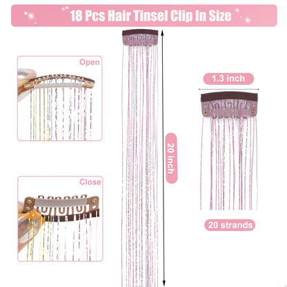 18Pcs Hair Tinsel Clip in, Tinsel Hair Extensions, Pink Hair Tinsel Clips