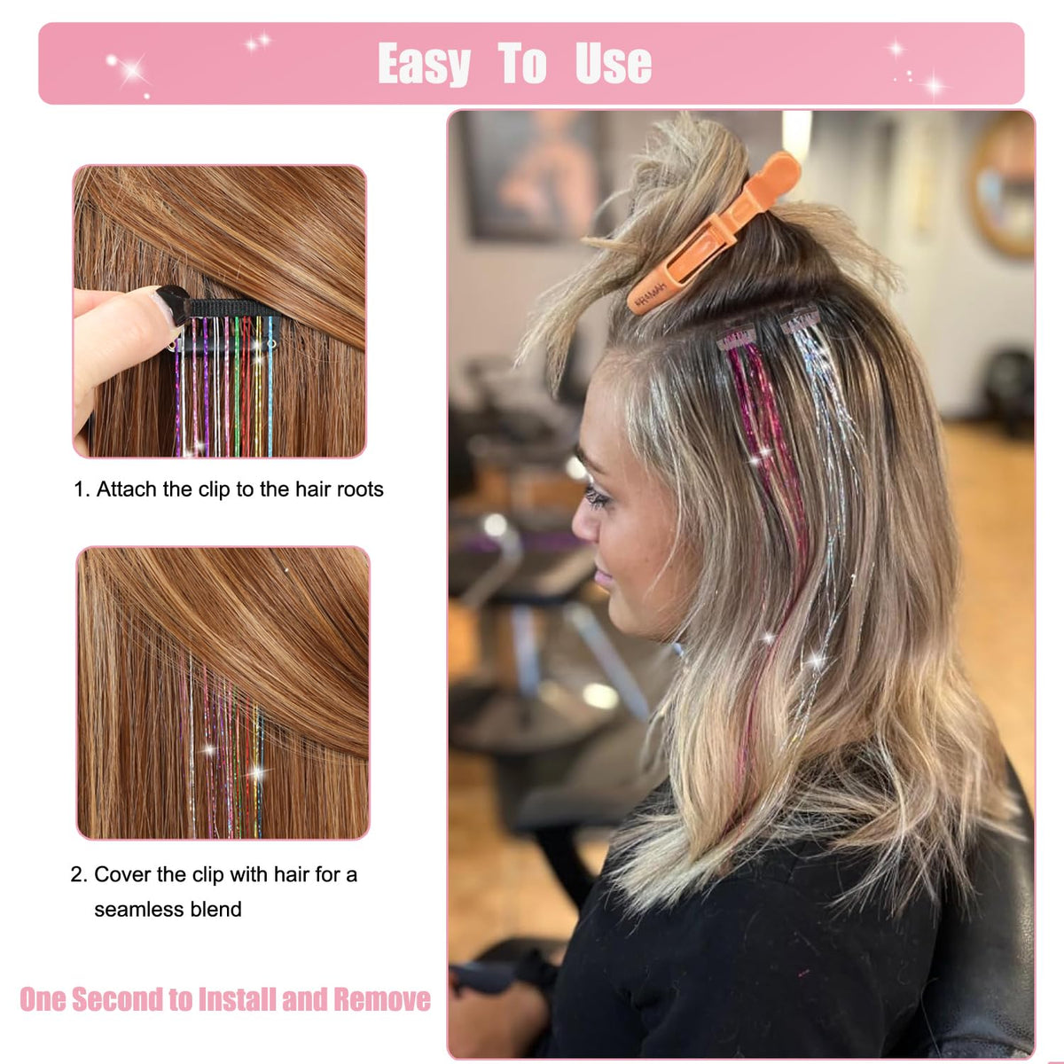 18Pcs Hair Tinsel Clip in, Tinsel Hair Extensions, Pink Hair Tinsel Clips