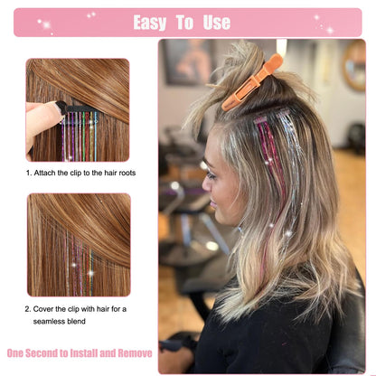 18Pcs Hair Tinsel Clip in, Tinsel Hair Extensions, Pink Hair Tinsel Clips