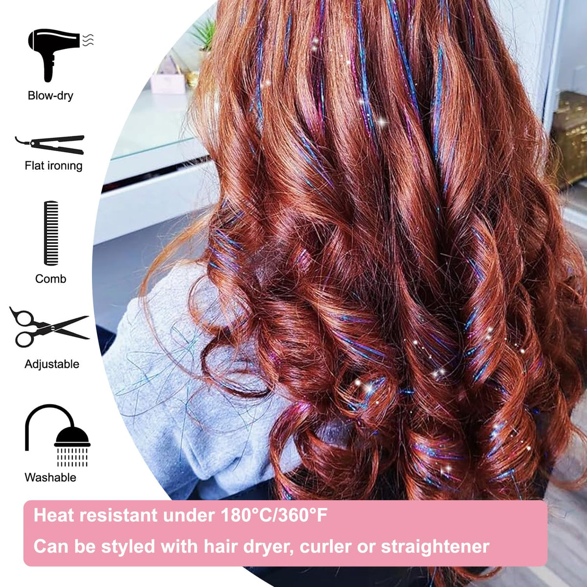 18Pcs Hair Tinsel Clip in, Tinsel Hair Extensions, Pink Hair Tinsel Clips