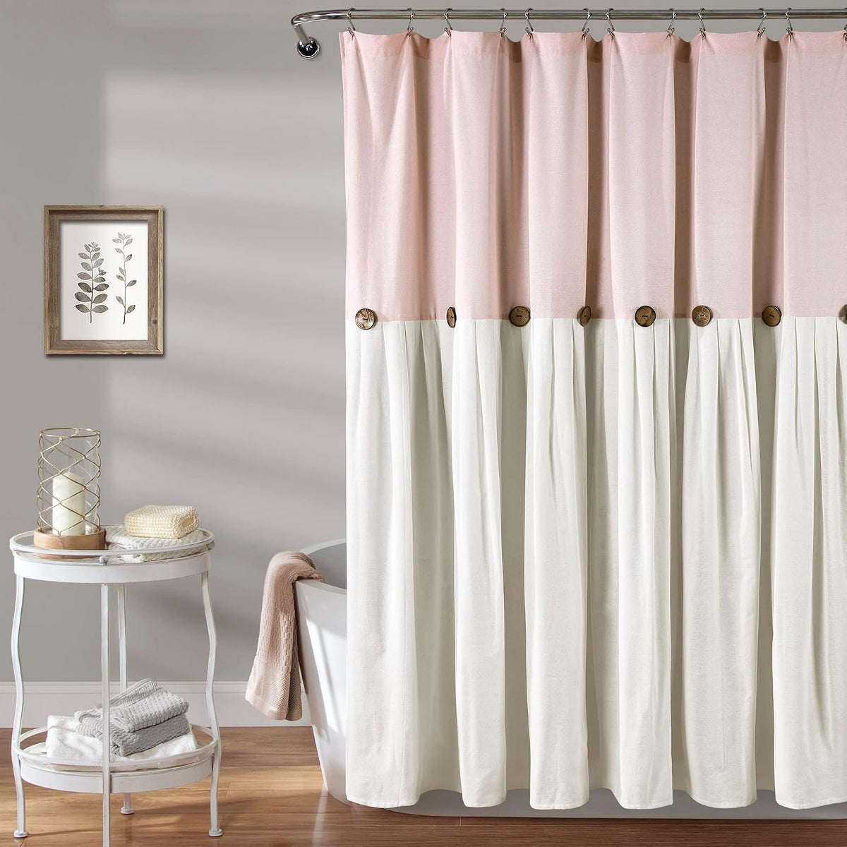 Linen Button Shower Curtain, 72" W x 72" L, Blush & Off White - Pink Bathroom Curtain - Fabric Shower Curtains - Farmhouse Bathroom Decor