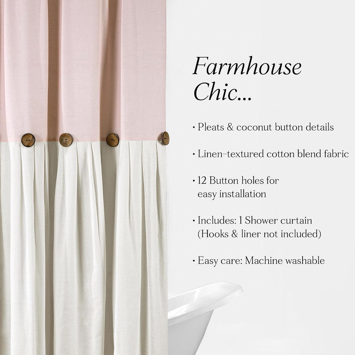 Linen Button Shower Curtain, 72" W x 72" L, Blush & Off White - Pink Bathroom Curtain - Fabric Shower Curtains - Farmhouse Bathroom Decor
