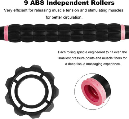 Professional 9-Roller Deep Tissue Massage Stick - Portable Muscle Recovery Roller for Athletes, Relieves Post-Workout Soreness & Leg/Back Pain - Portable Physio Tool (Pink)