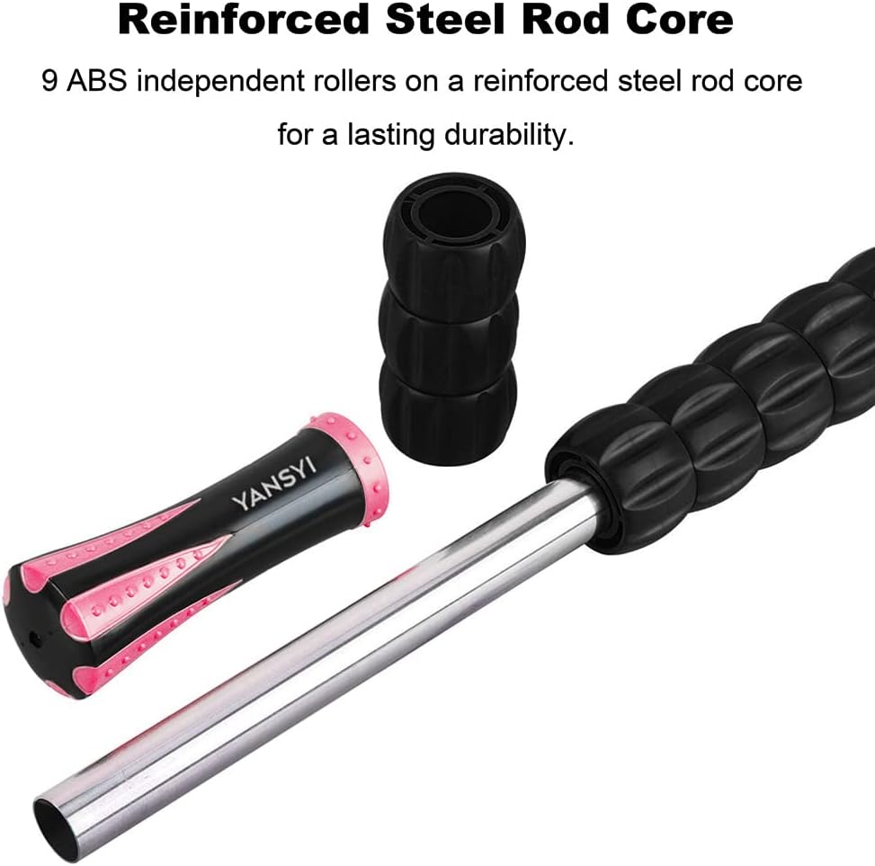 Professional 9-Roller Deep Tissue Massage Stick - Portable Muscle Recovery Roller for Athletes, Relieves Post-Workout Soreness & Leg/Back Pain - Portable Physio Tool (Pink)