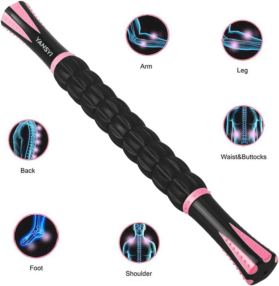 Professional 9-Roller Deep Tissue Massage Stick - Portable Muscle Recovery Roller for Athletes, Relieves Post-Workout Soreness & Leg/Back Pain - Portable Physio Tool (Pink)
