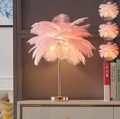 Pink Ostrich Feather Lamp,3-Color Temperature Modes,40 Feathers and 5 G4 LED Light Bulbs,Pink Lamp for Girl's Bedside,Golden Base (Light Pink)