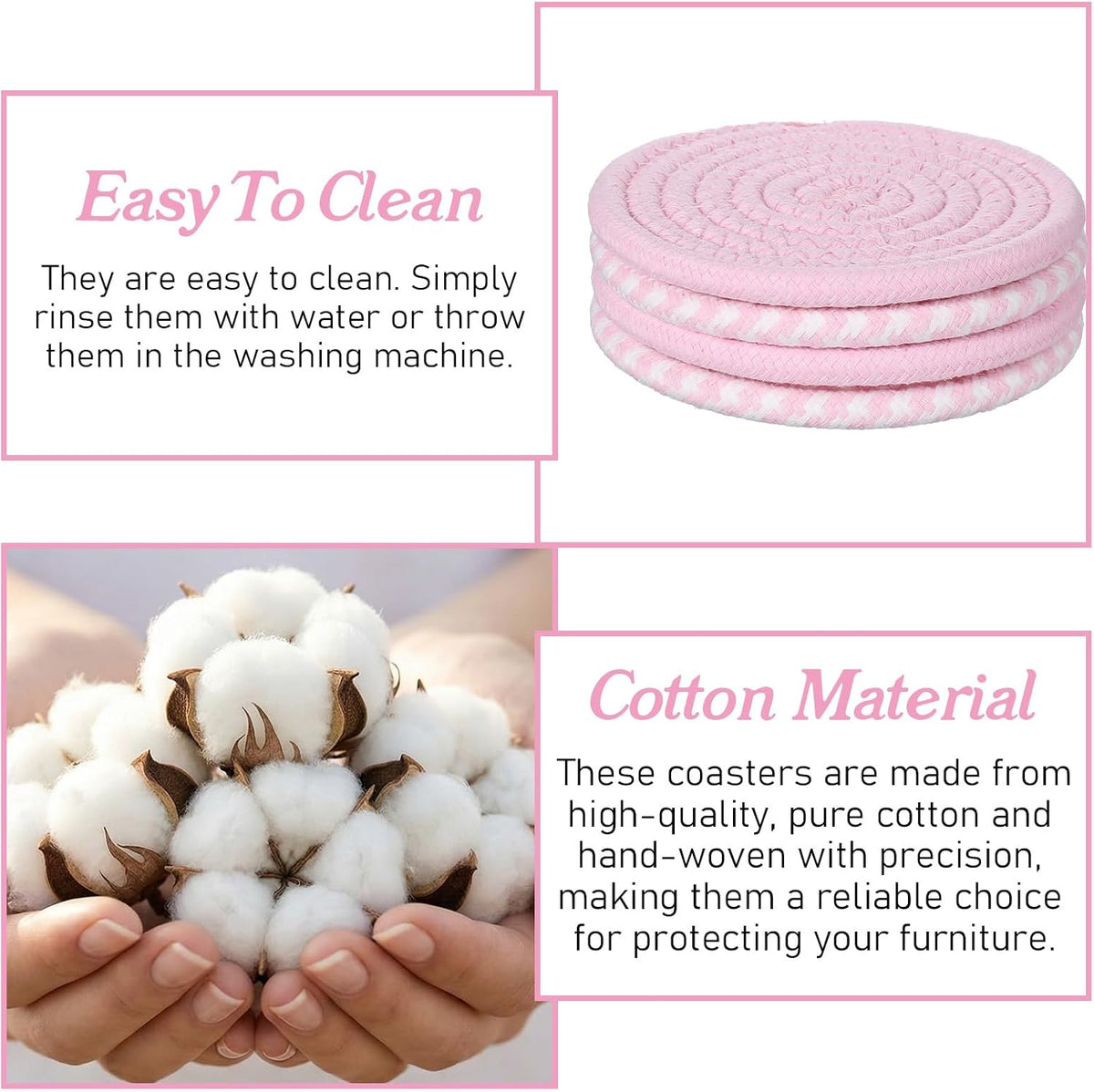 4Pcs Pink Coaster, Cotton Pink Coasters for Desk