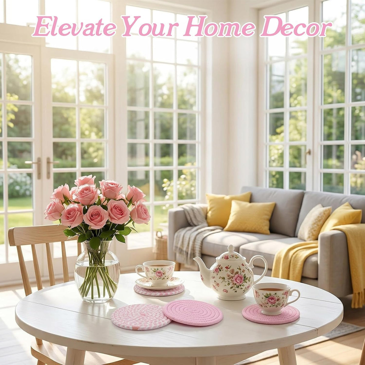 4Pcs Pink Coaster, Cotton Pink Coasters for Desk