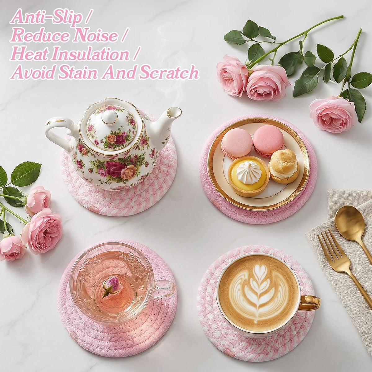 4Pcs Pink Coaster, Cotton Pink Coasters for Desk