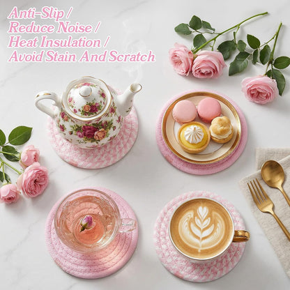 4Pcs Pink Coaster, Cotton Pink Coasters for Desk