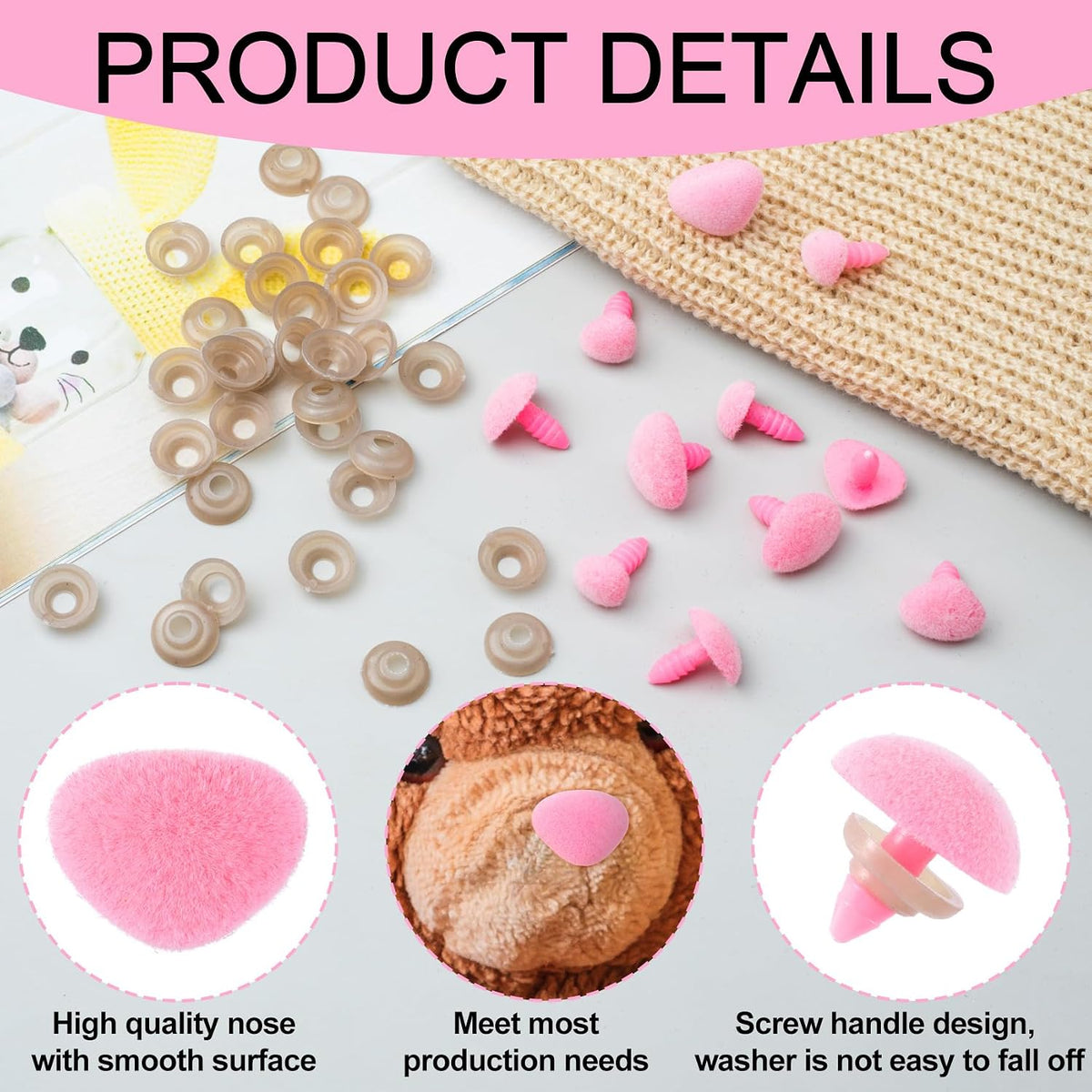 32pcs Safety Noses for Amigurumi, 11/15/17/18mm, Pink
