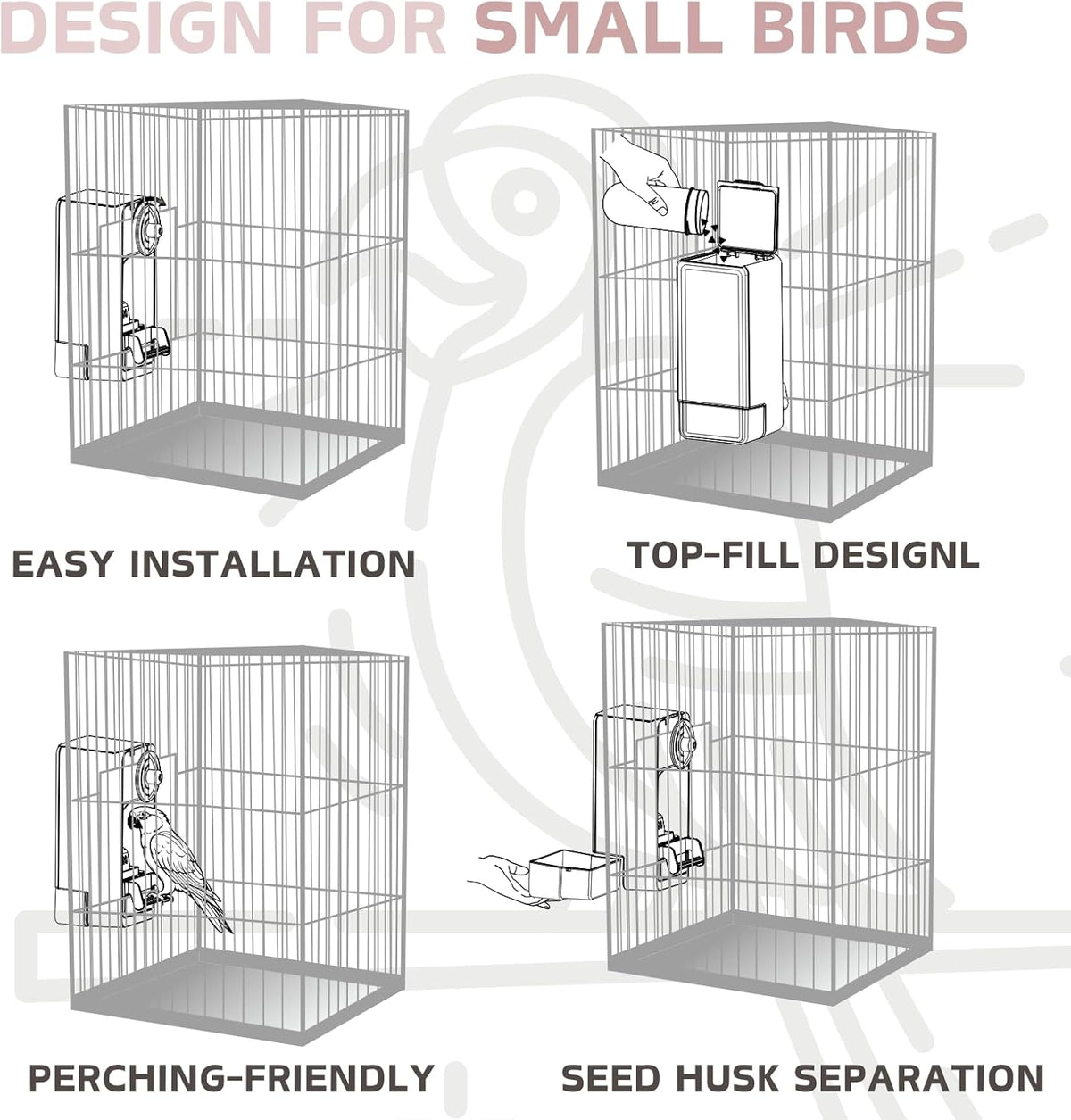 Automatic Bird Feeder, Bird Cage Feeder with Perch for Parakeet Canary Cockatiel Finch (Pink)