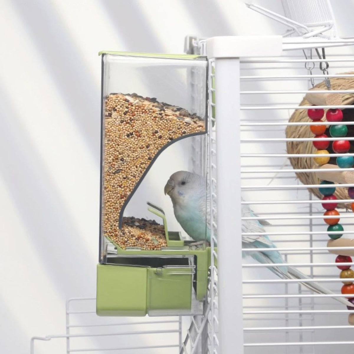 Automatic Bird Feeder, Bird Cage Feeder with Perch for Parakeet Canary Cockatiel Finch (Pink)