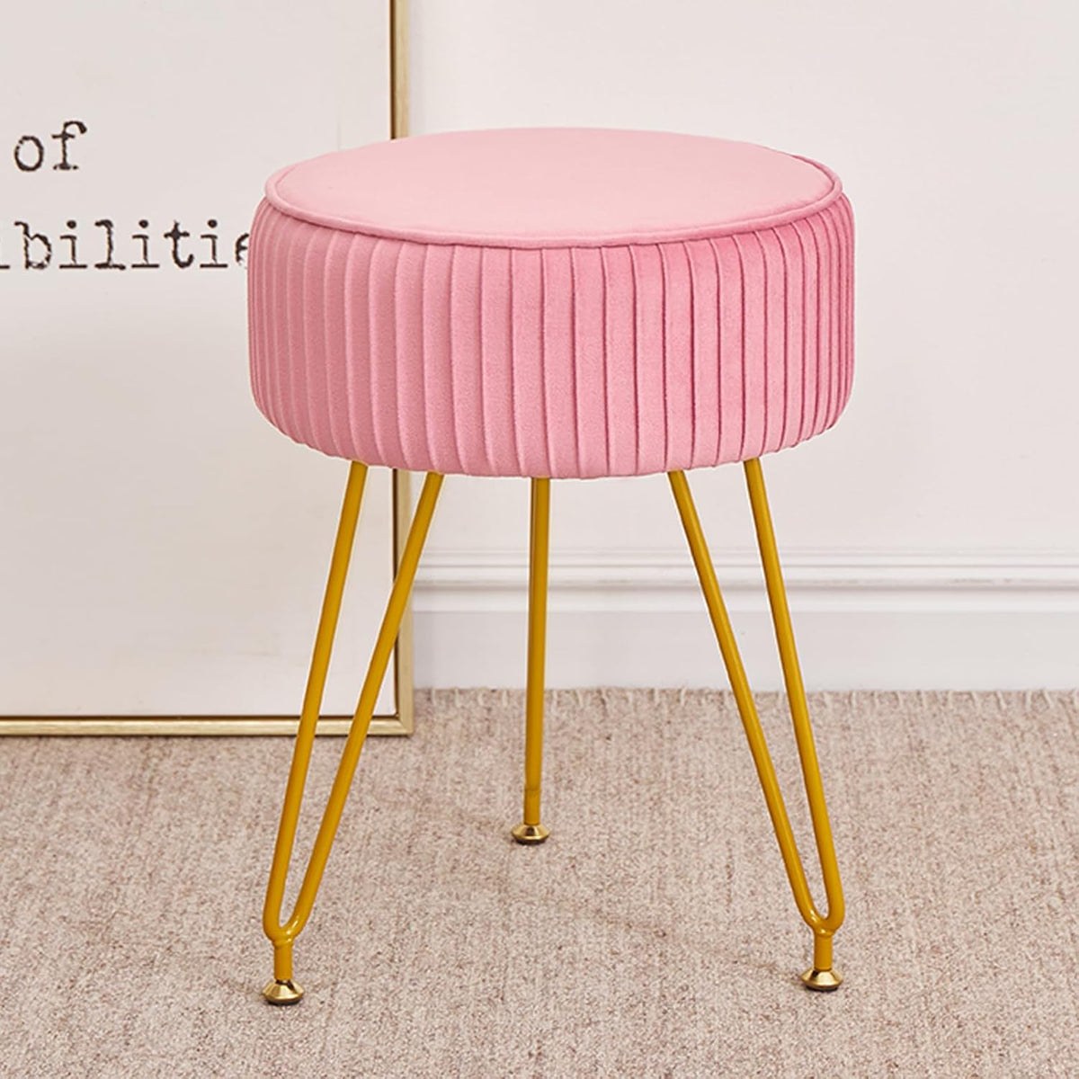 Velvet Vanity Stool, Modern Ottoman with Golden Legs, Pink