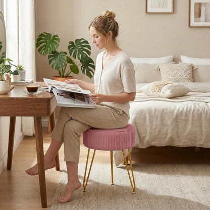 Velvet Vanity Stool, Modern Ottoman with Golden Legs, Pink