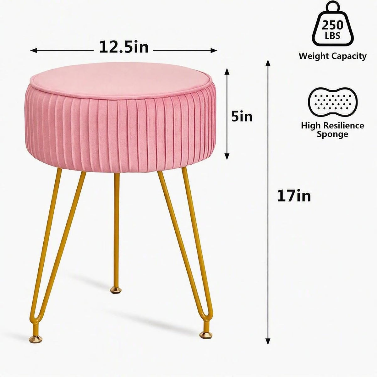 Velvet Vanity Stool, Modern Ottoman with Golden Legs, Pink