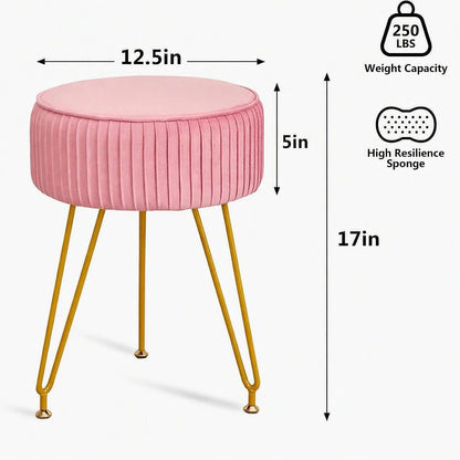 Velvet Vanity Stool, Modern Ottoman with Golden Legs, Pink