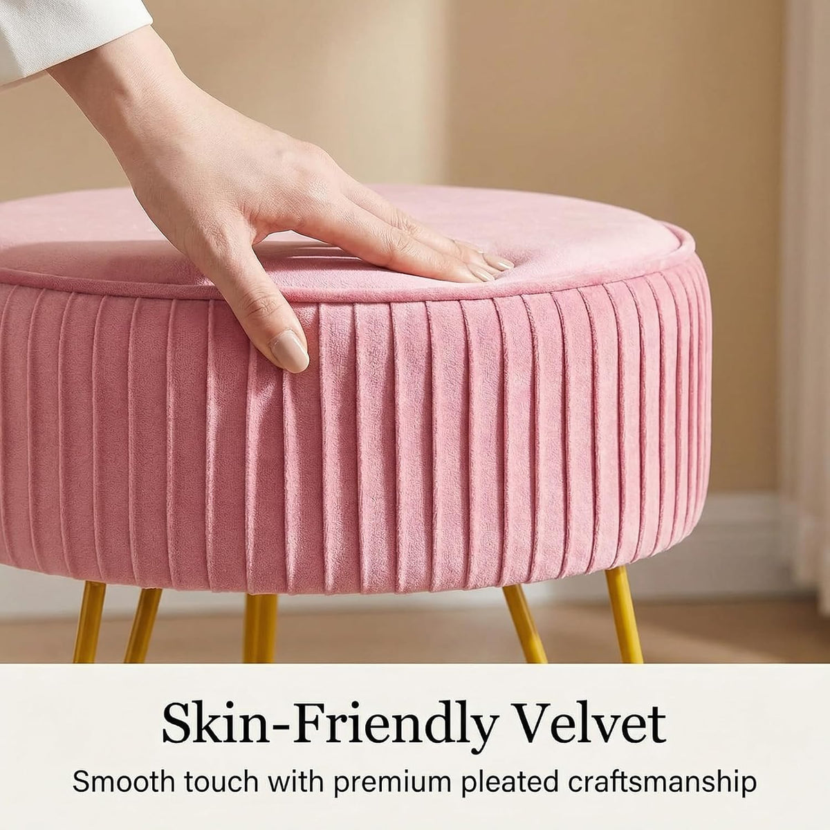 Velvet Vanity Stool, Modern Ottoman with Golden Legs, Pink