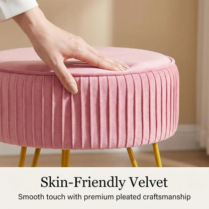Velvet Vanity Stool, Modern Ottoman with Golden Legs, Pink