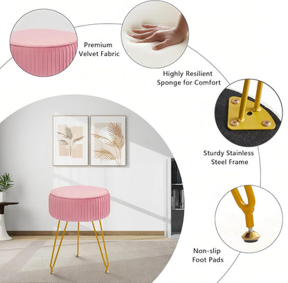 Velvet Vanity Stool, Modern Ottoman with Golden Legs, Pink