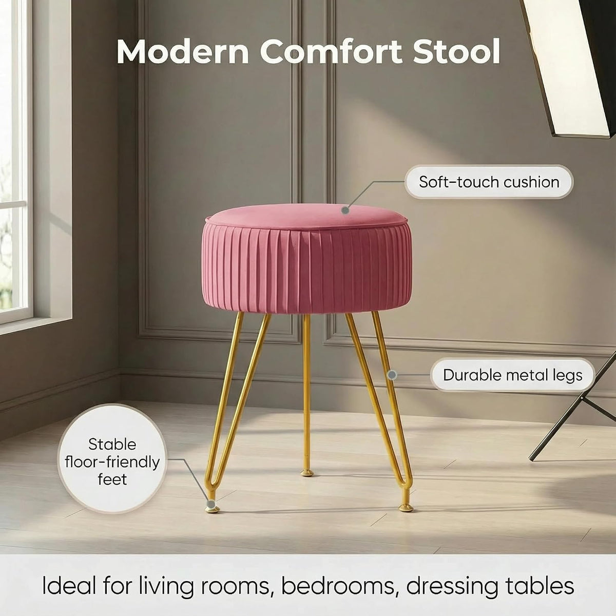 Velvet Vanity Stool, Modern Ottoman with Golden Legs, Pink