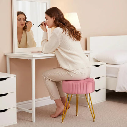 Velvet Vanity Stool, Modern Ottoman with Golden Legs, Pink