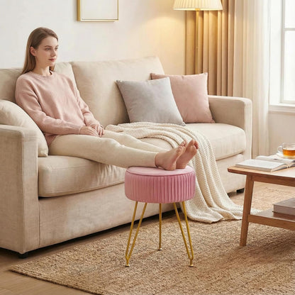 Velvet Vanity Stool, Modern Ottoman with Golden Legs, Pink