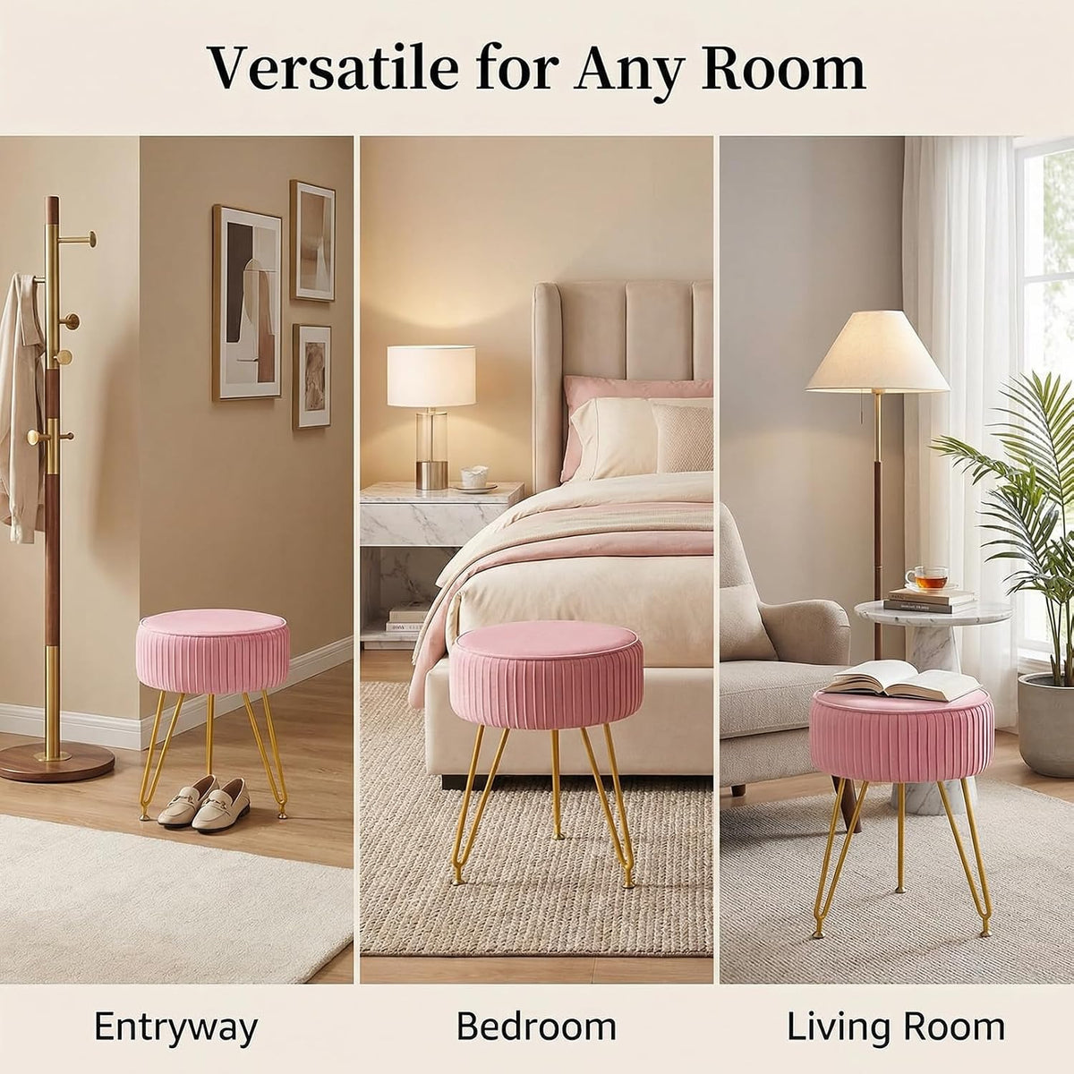 Velvet Vanity Stool, Modern Ottoman with Golden Legs, Pink