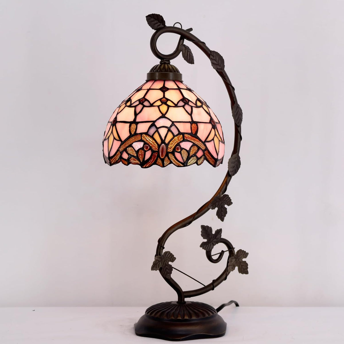 Tiffany Table Lamp Pink Stained Glass Baroque Reading Desk Light