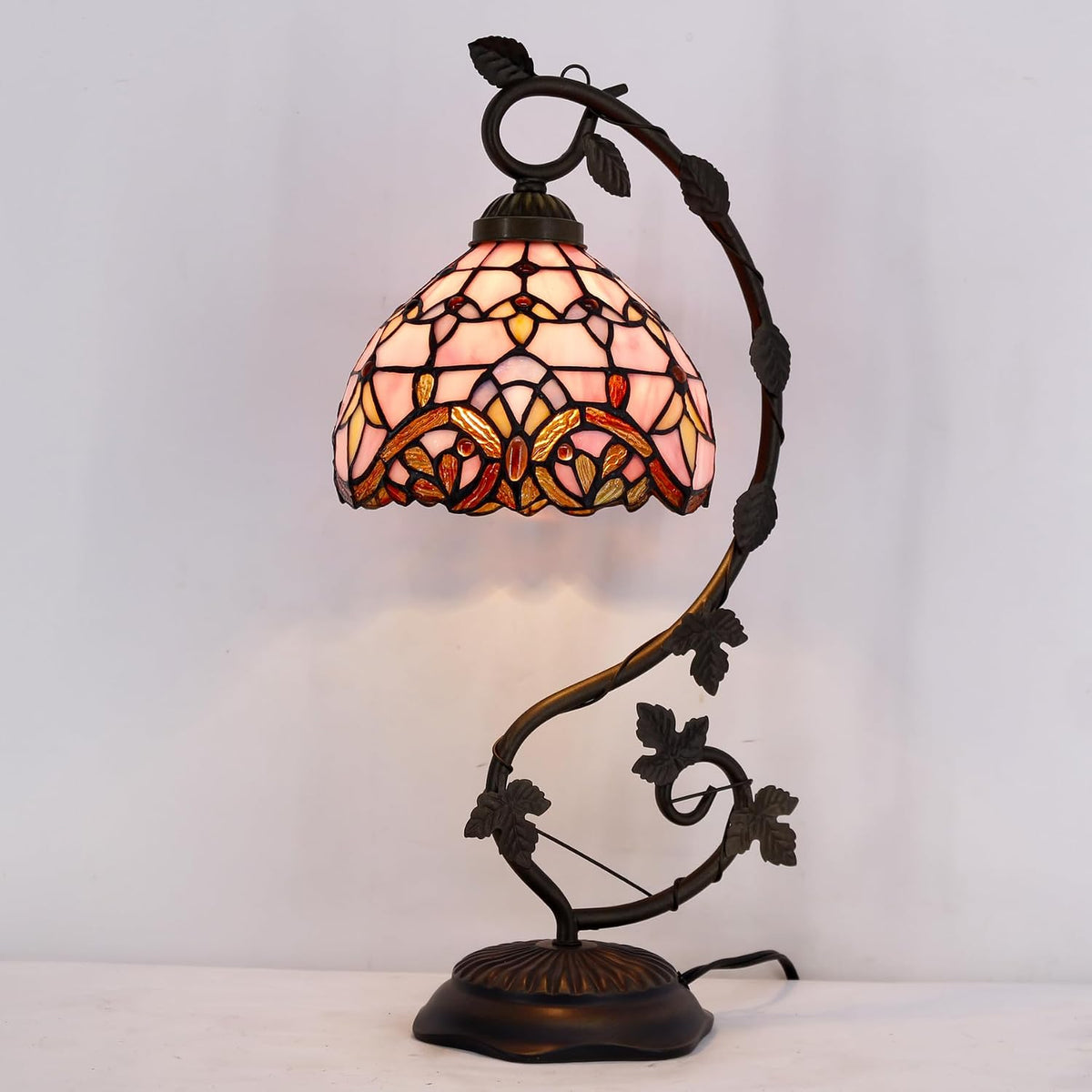 Tiffany Table Lamp Pink Stained Glass Baroque Reading Desk Light