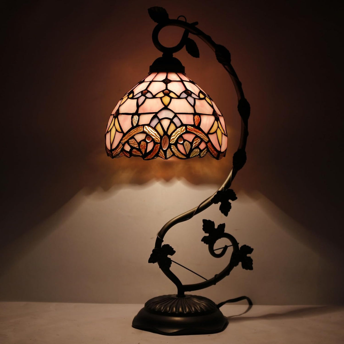 Tiffany Table Lamp Pink Stained Glass Baroque Reading Desk Light