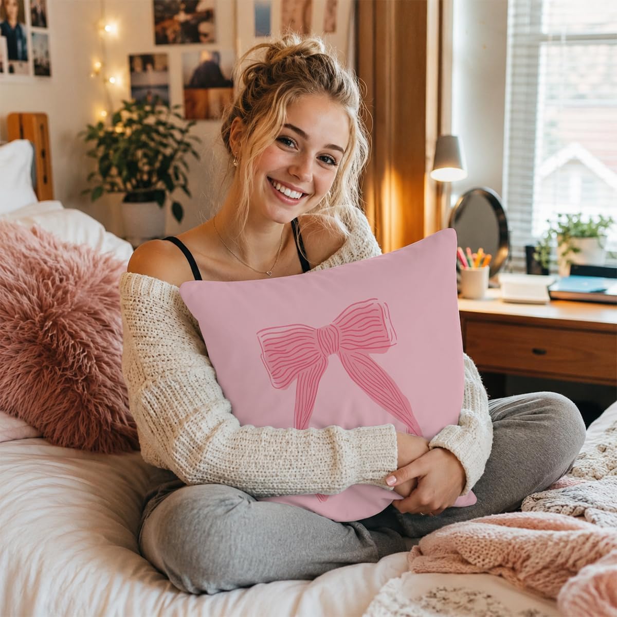 Coquette Girly Pink Bow Decor Throw Pillows Covers 18 x 18 inch