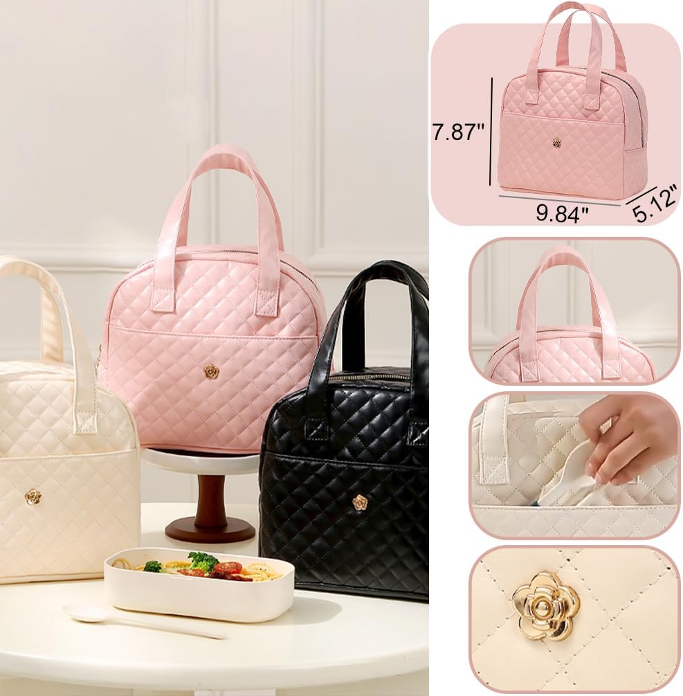 Lunch Bag, Small Lunch Tote Bag for Women, Water-repellent Pu Leather Lunch Box, Quilted Lunch Bag (Pink)