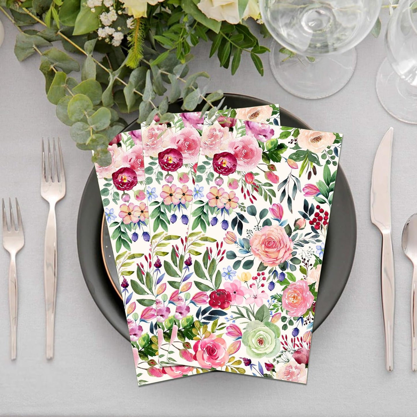 Floral Paper Napkins, 80PCS Watercolor Flower Guest Paper Napkins Disposable, Pink Roses Dinner Hand Napkin for Wedding, Theme Party,Birthday,Bridal Showers,Baby Showers,Kitchen & Bathroom 4.5x8 Inch